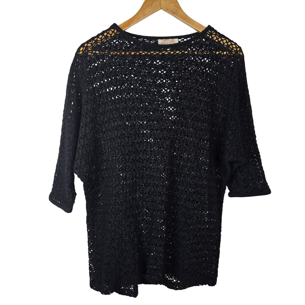 Sand Dollars Crochet Knit Top Womens S Made in USA Black Bohemian‎ Festival